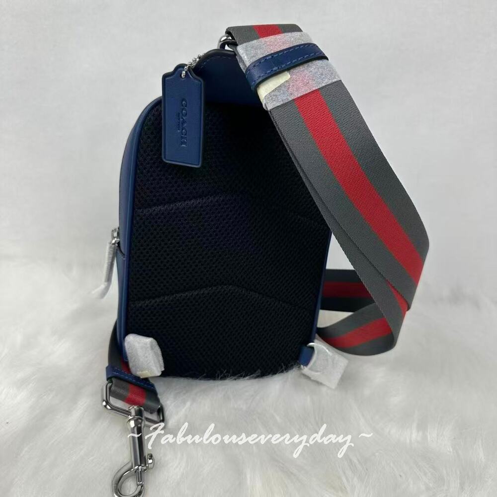 Coach Men's Racer Sling Pack With Varsity Stripe Webbing Leather/Deep Blue CDC85 - Picture 5 of 11